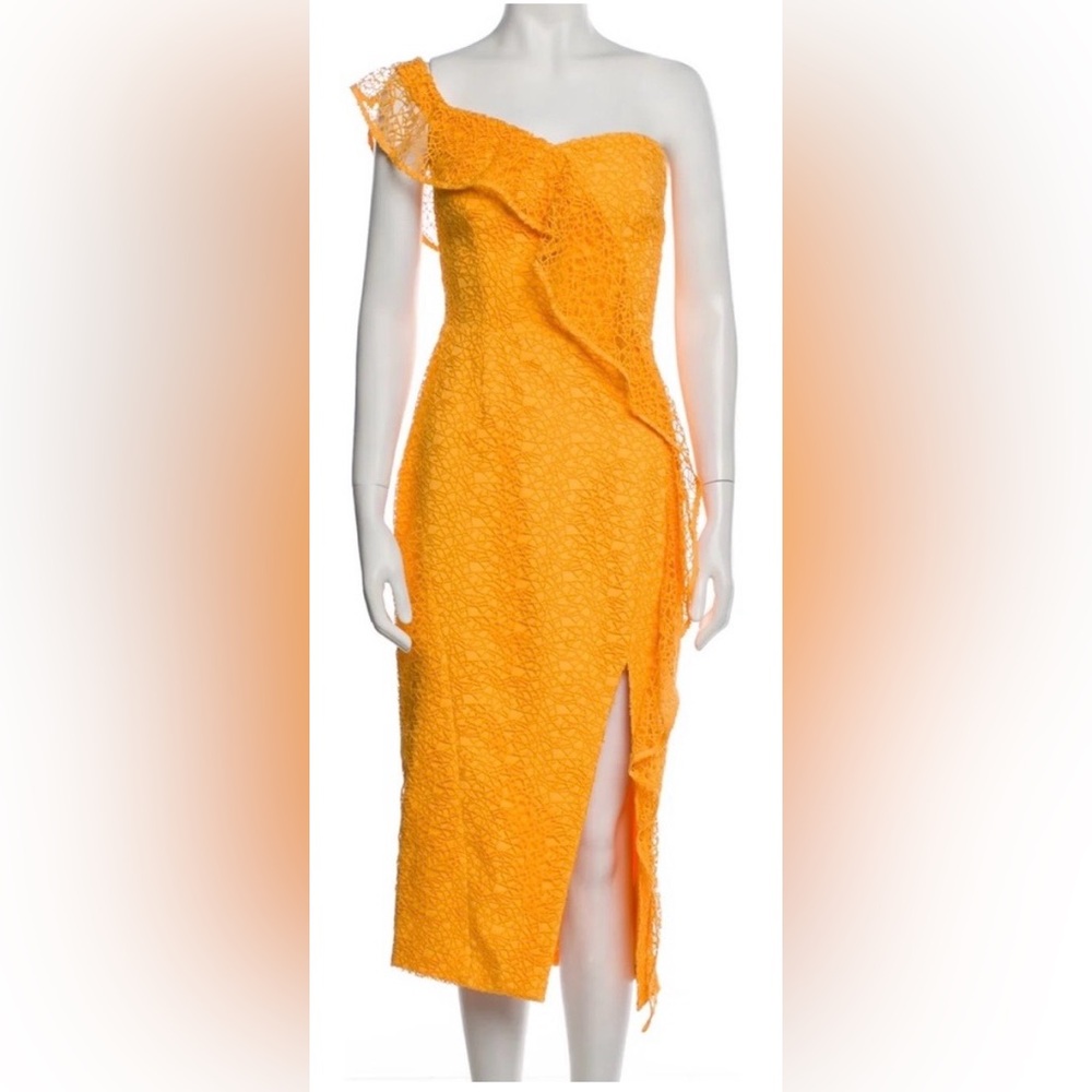 Rebecca Vallance Baha Midi Dress Low Cut Guipure lace one shoulder Orange size 4